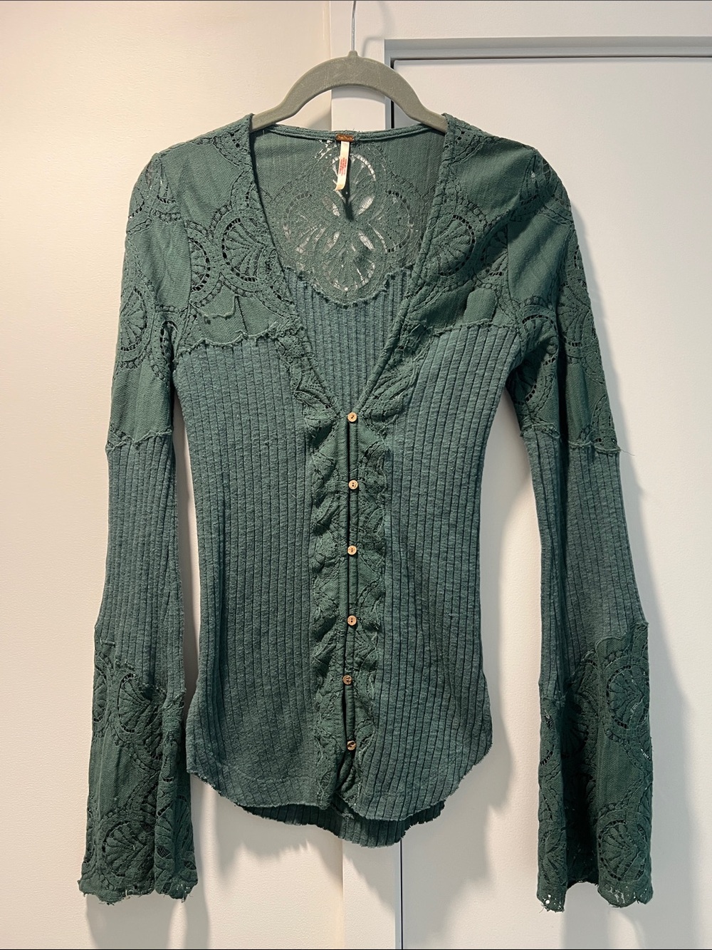 Free People Forest Green Ribbed Button-Front Lace Panel Top